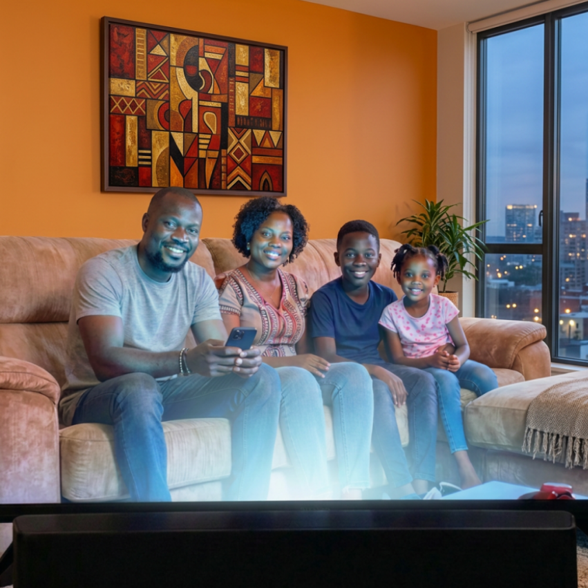 Une famille regarde la télévision et paie sa facture depuis son smartphone